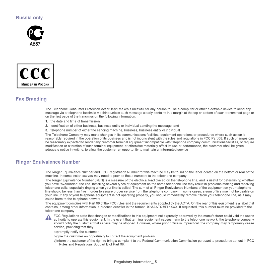 Samsung CLX-6220, CLX-6250 manual Russia only Fax Branding, Ringer Equivalence Number 