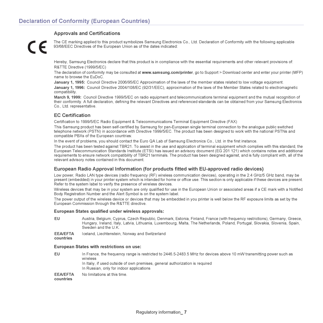 Samsung CLX-6220, CLX-6250 Declaration of Conformity European Countries, Approvals and Certifications, EC Certification 