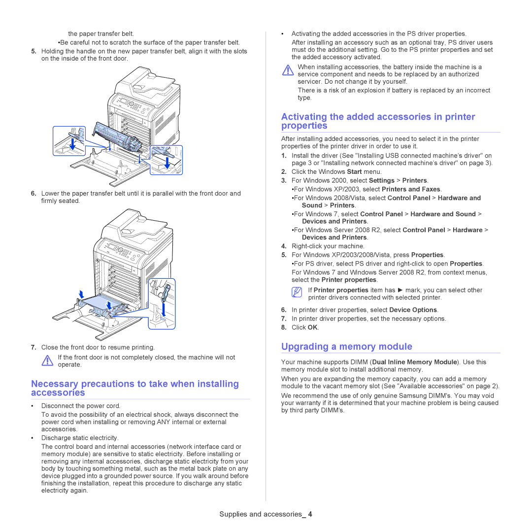 Samsung CLX-6220, CLX-6250 manual Necessary precautions to take when installing accessories, Upgrading a memory module 