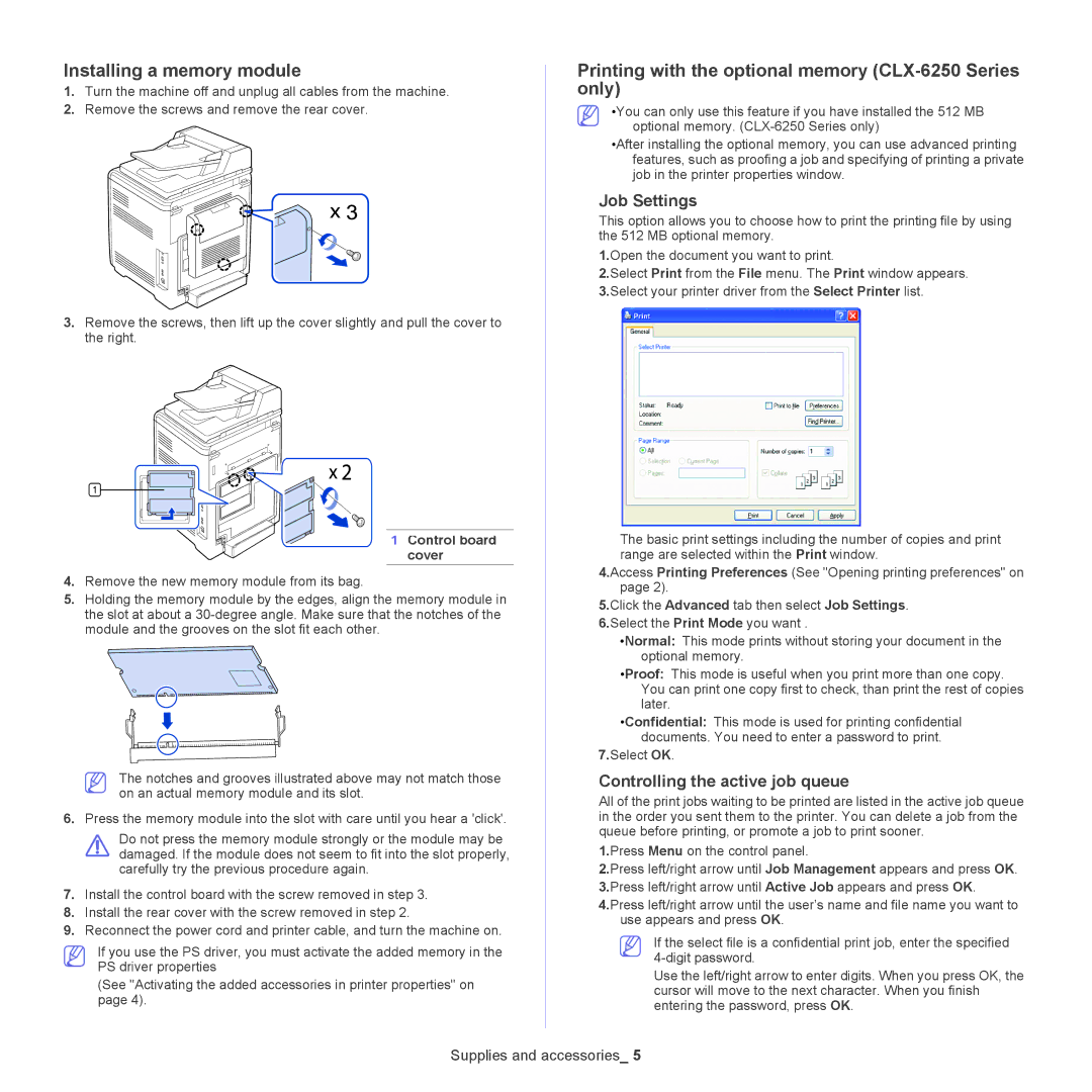 Samsung CLX-6220 manual Installing a memory module, Printing with the optional memory CLX-6250 Series only, Job Settings 