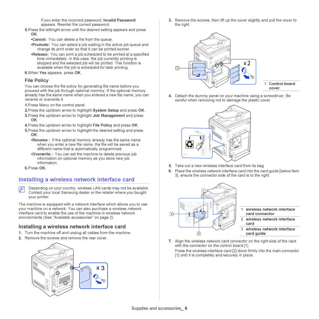 Samsung CLX-6220, CLX-6250 manual Installing a wireless network interface card, File Policy 