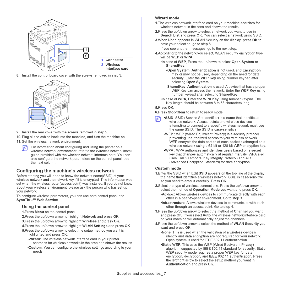 Samsung CLX-6250 Configuring the machine’s wireless network, Using the control panel, Connector Wireless Interface card 