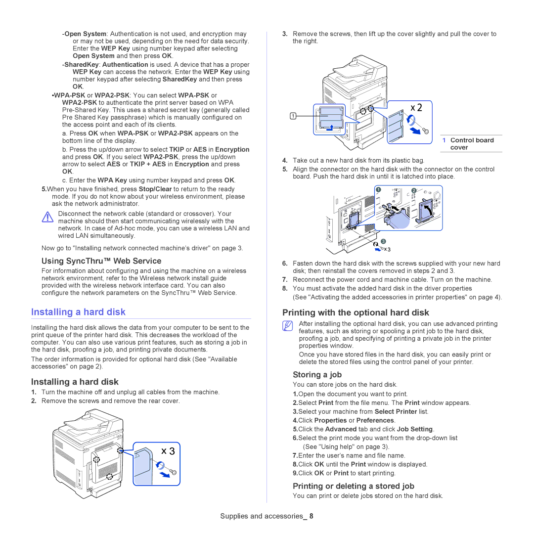 Samsung CLX-6220, CLX-6250 manual Installing a hard disk, Printing with the optional hard disk 