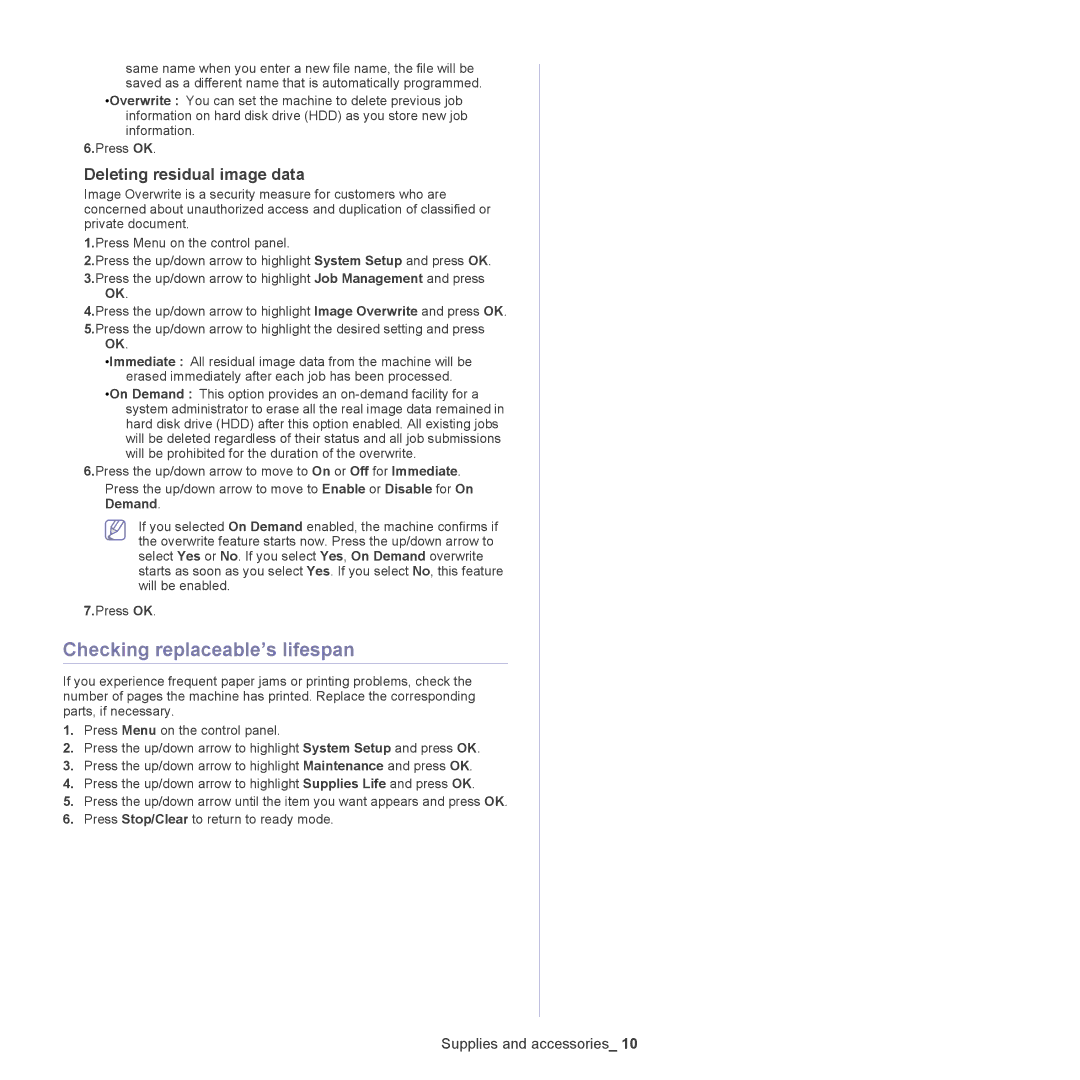 Samsung CLX-6220, CLX-6250 manual Checking replaceable’s lifespan, Deleting residual image data 