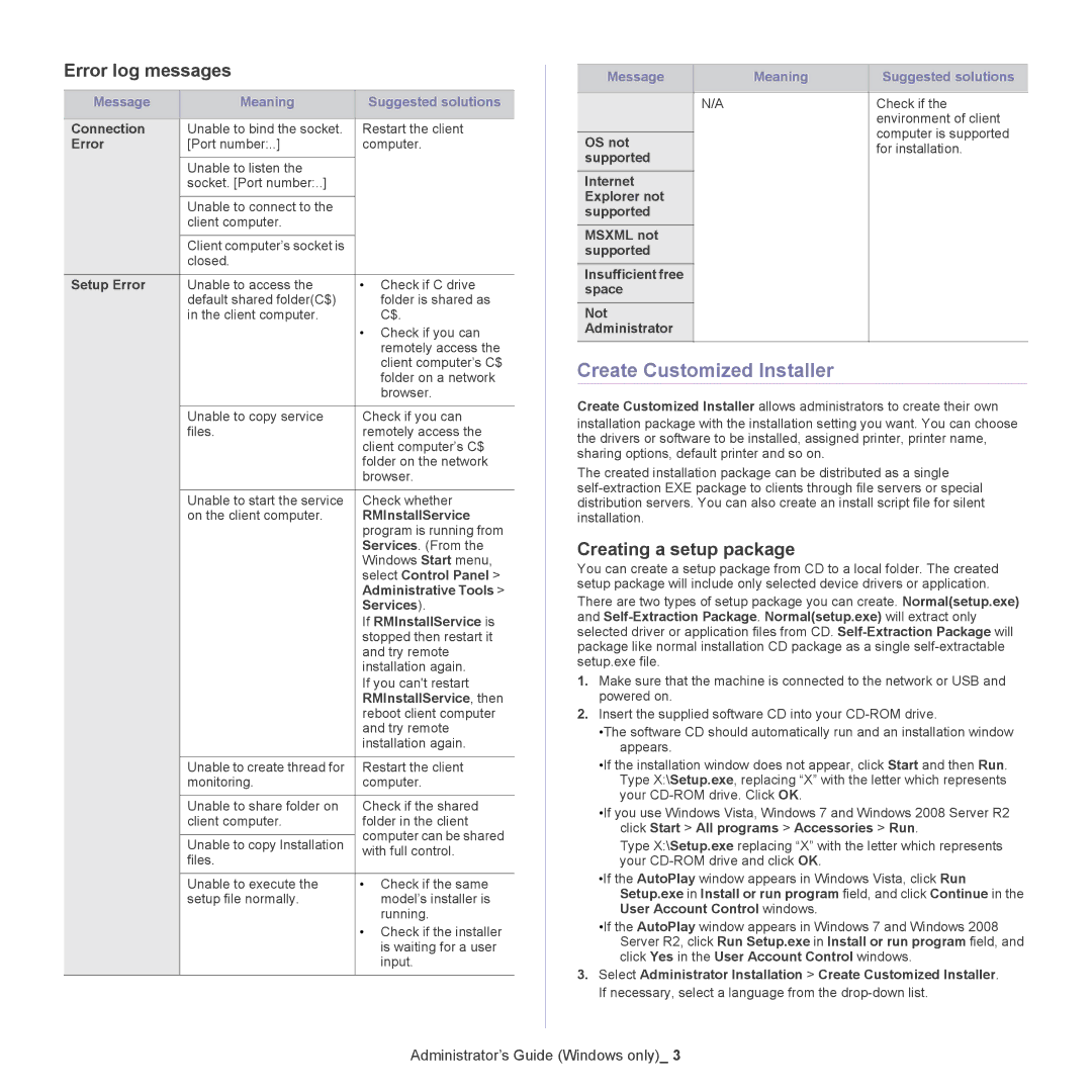 Samsung CLX-6250, CLX-6220 manual Create Customized Installer, Error log messages, Creating a setup package 