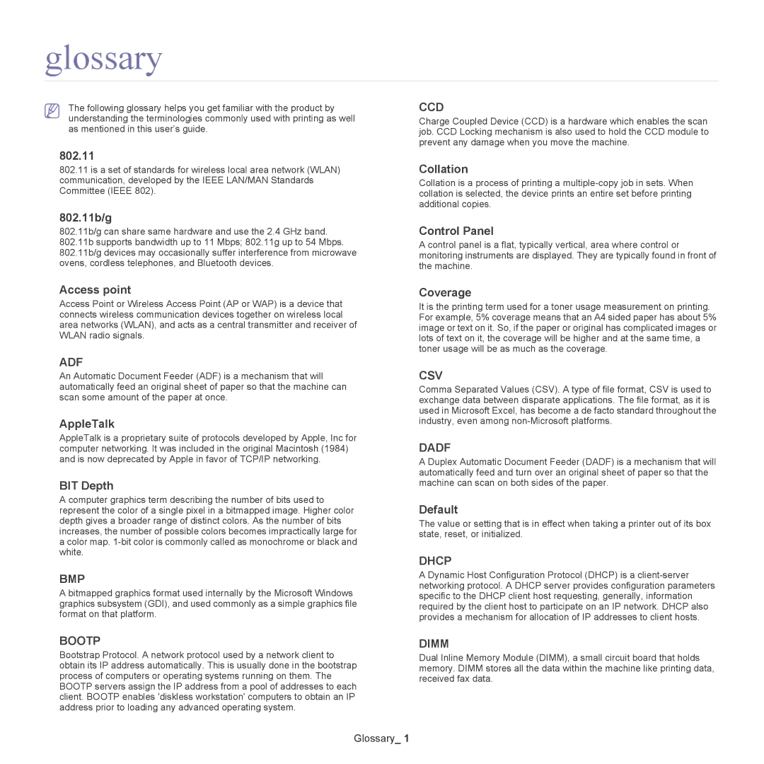 Samsung CLX-6220, CLX-6250 manual Glossary 