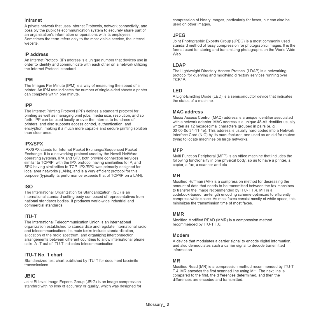 Samsung CLX-6220, CLX-6250 manual Intranet, IP address, ITU-T No chart, MAC address, Modem 