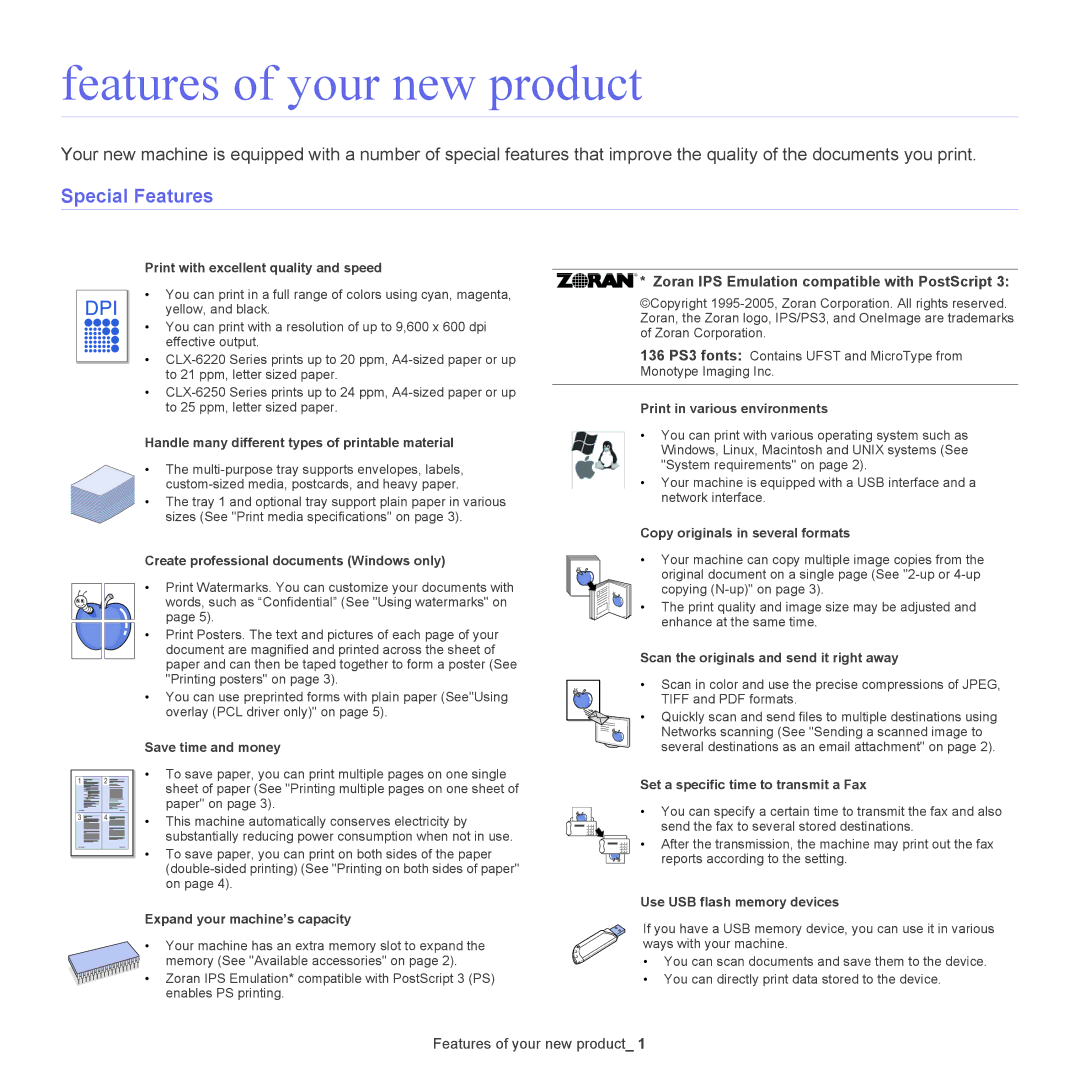 Samsung CLX-6220, CLX-6250 manual Features of your new product, Special Features 