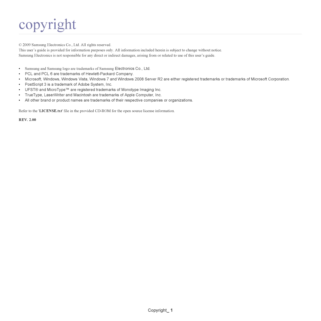 Samsung CLX-6250, CLX-6220 manual Copyright 