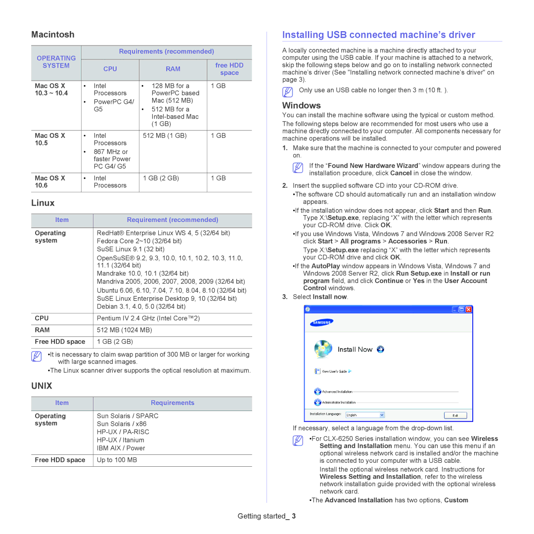 Samsung CLX-6250, CLX-6220 manual Installing USB connected machine’s driver, Macintosh, Linux, Windows 