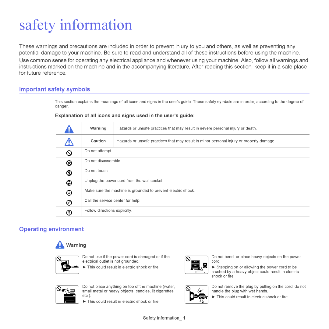 Samsung CLX-6220, CLX-6250 manual Safety information, Important safety symbols, Operating environment 