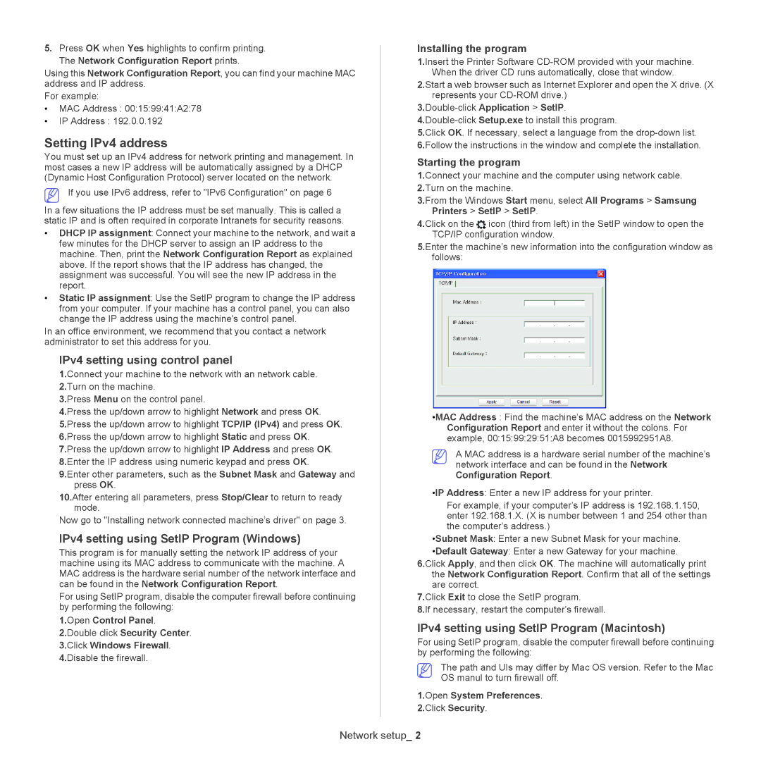 Samsung CLX-6220 manual Setting IPv4 address, IPv4 setting using control panel, IPv4 setting using SetIP Program Windows 