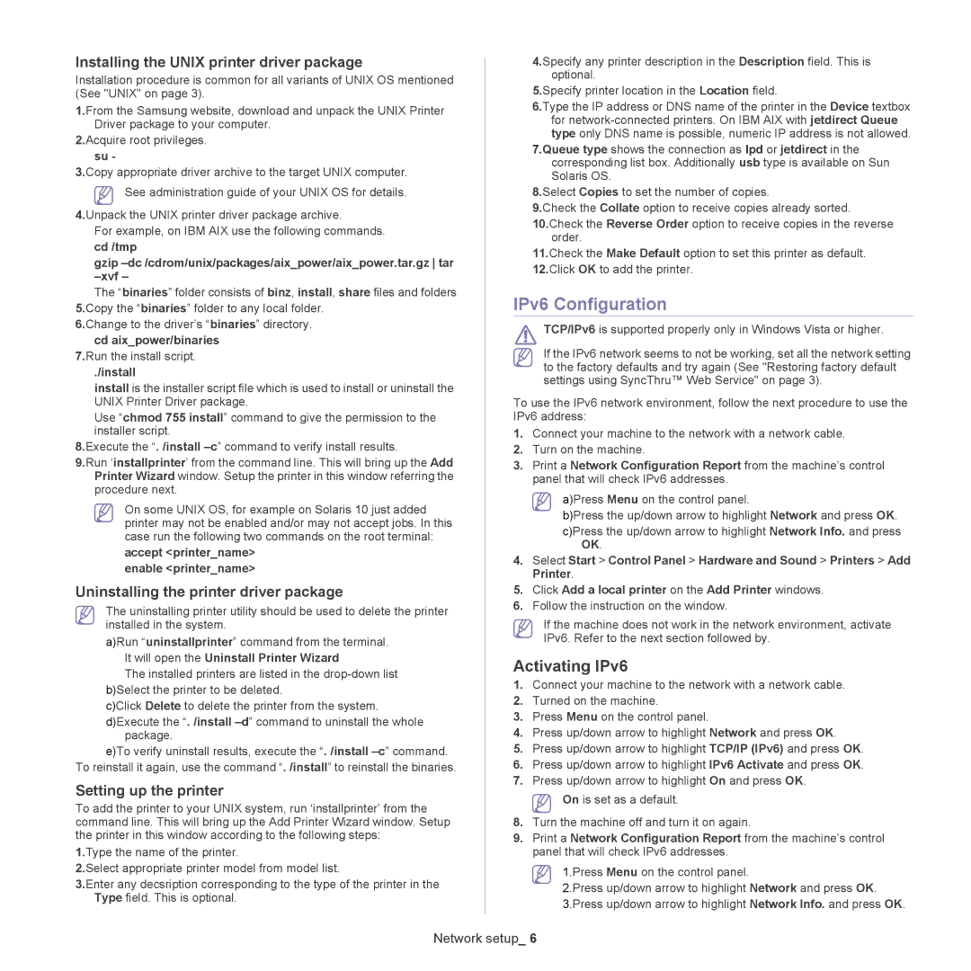 Samsung CLX-6220 IPv6 Configuration, Activating IPv6, Installing the Unix printer driver package, Setting up the printer 