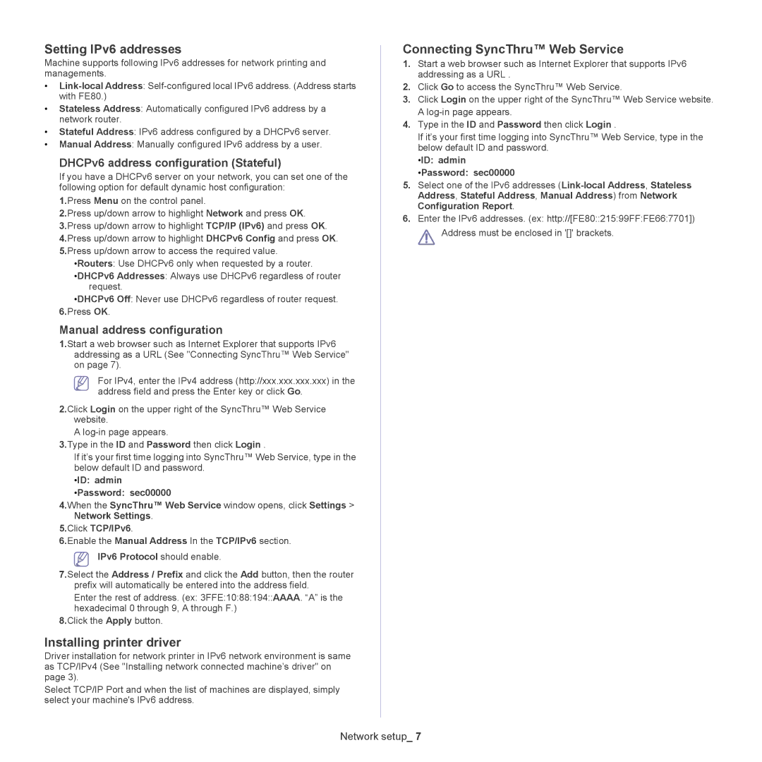 Samsung CLX-6250, CLX-6220 manual Setting IPv6 addresses, Installing printer driver, Connecting SyncThru Web Service 