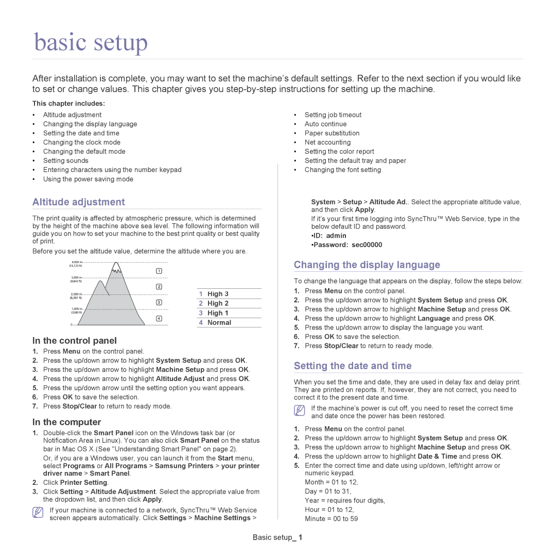 Samsung CLX-6220, CLX-6250 manual Basic setup, Altitude adjustment, Changing the display language, Setting the date and time 