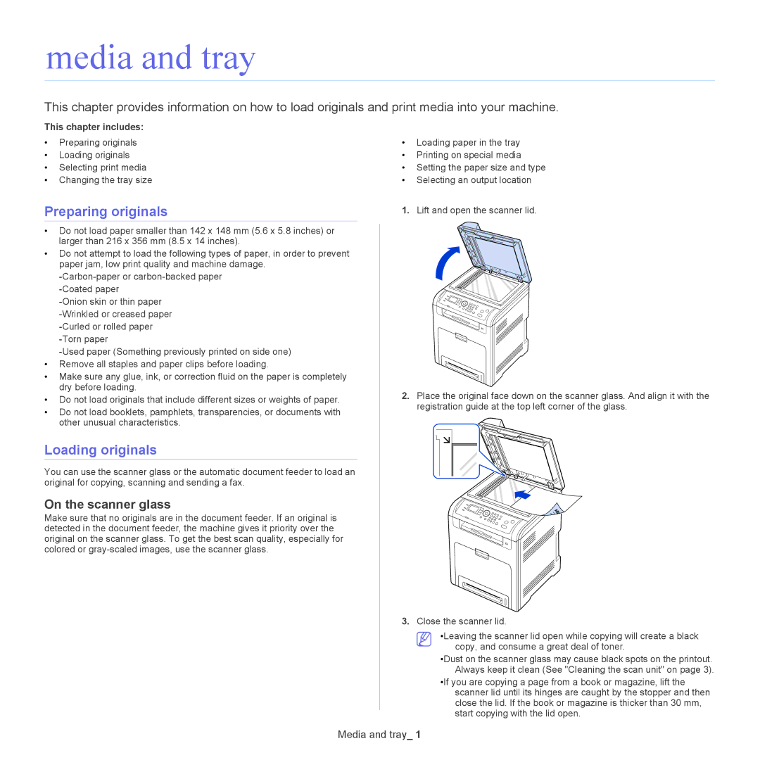 Samsung CLX-6220, CLX-6250 manual Media and tray, Preparing originals, Loading originals, On the scanner glass 