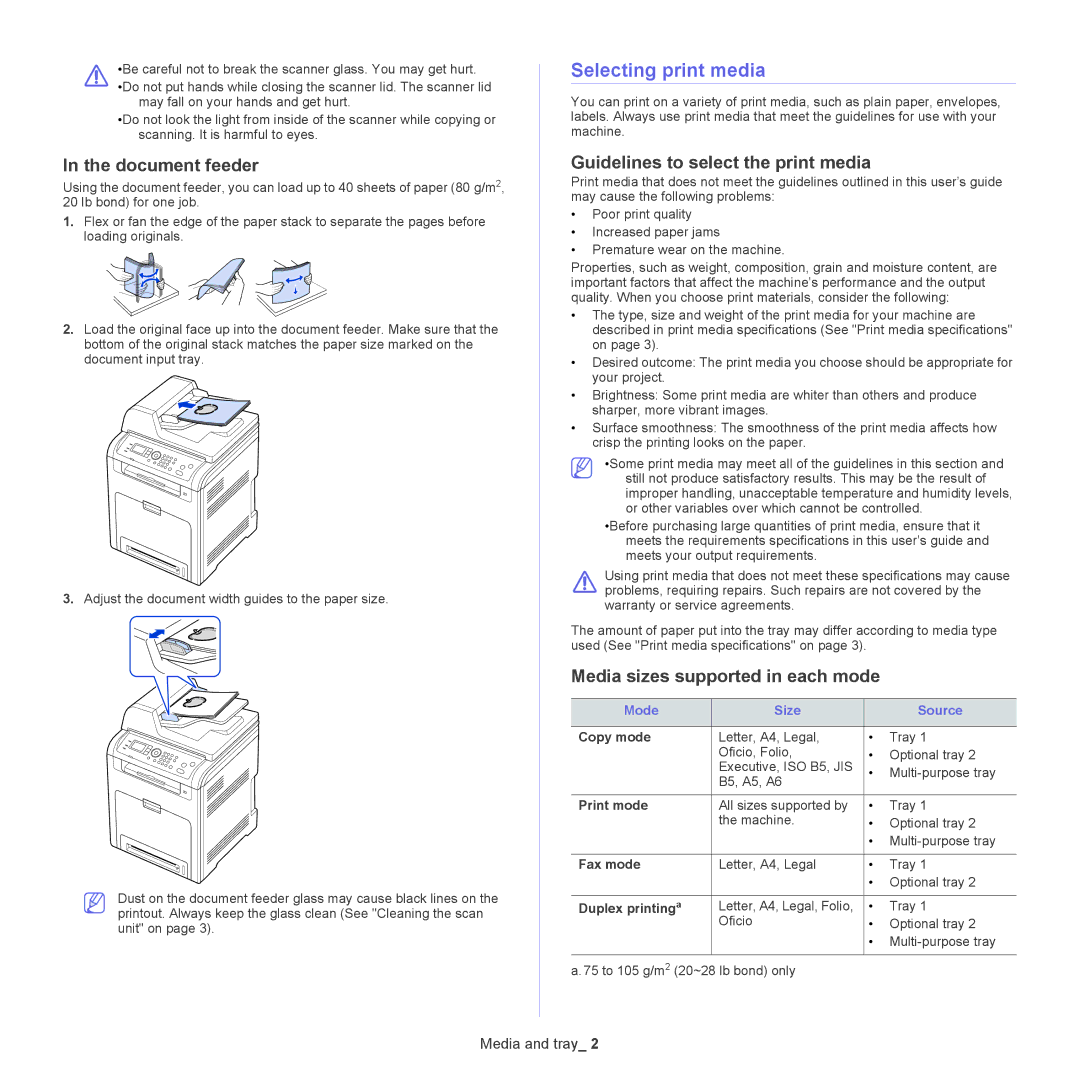 Samsung CLX-6250, CLX-6220 Selecting print media, Document feeder, Guidelines to select the print media, Mode Size Source 