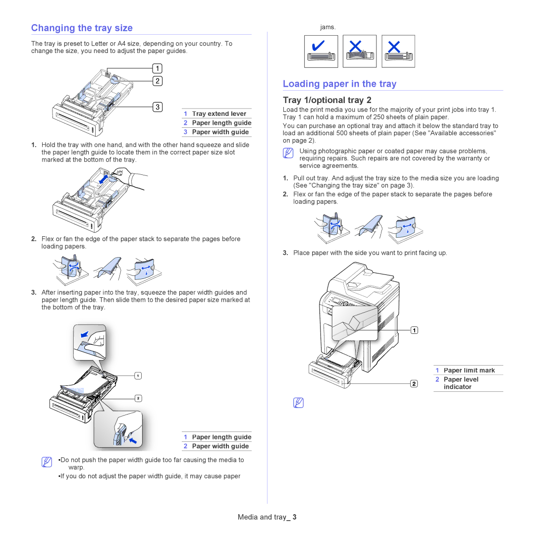 Samsung CLX-6220, CLX-6250 manual Changing the tray size, Loading paper in the tray, Tray 1/optional tray 