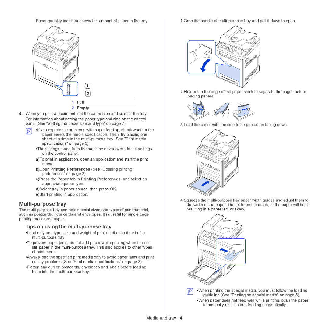 Samsung CLX-6250, CLX-6220 manual Multi-purpose tray, Tips on using the multi-purpose tray, Full Empty 