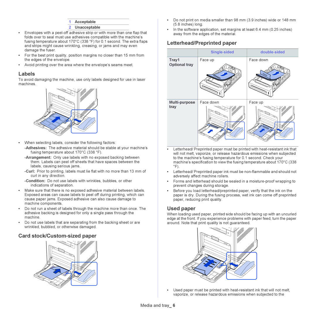 Samsung CLX-6250 Labels, Card stock/Custom-sized paper, Letterhead/Preprinted paper, Used paper, Single-sided Double-sided 