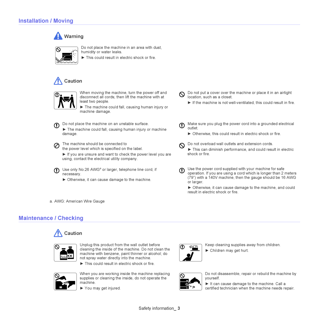 Samsung CLX-6220, CLX-6250 manual Installation / Moving, Maintenance / Checking 