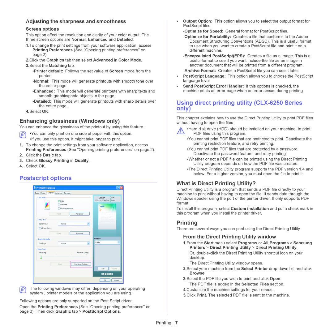 Samsung CLX-6220 Postscript options, Using direct printing utility CLX-6250 Series only, Enhancing glossiness Windows only 