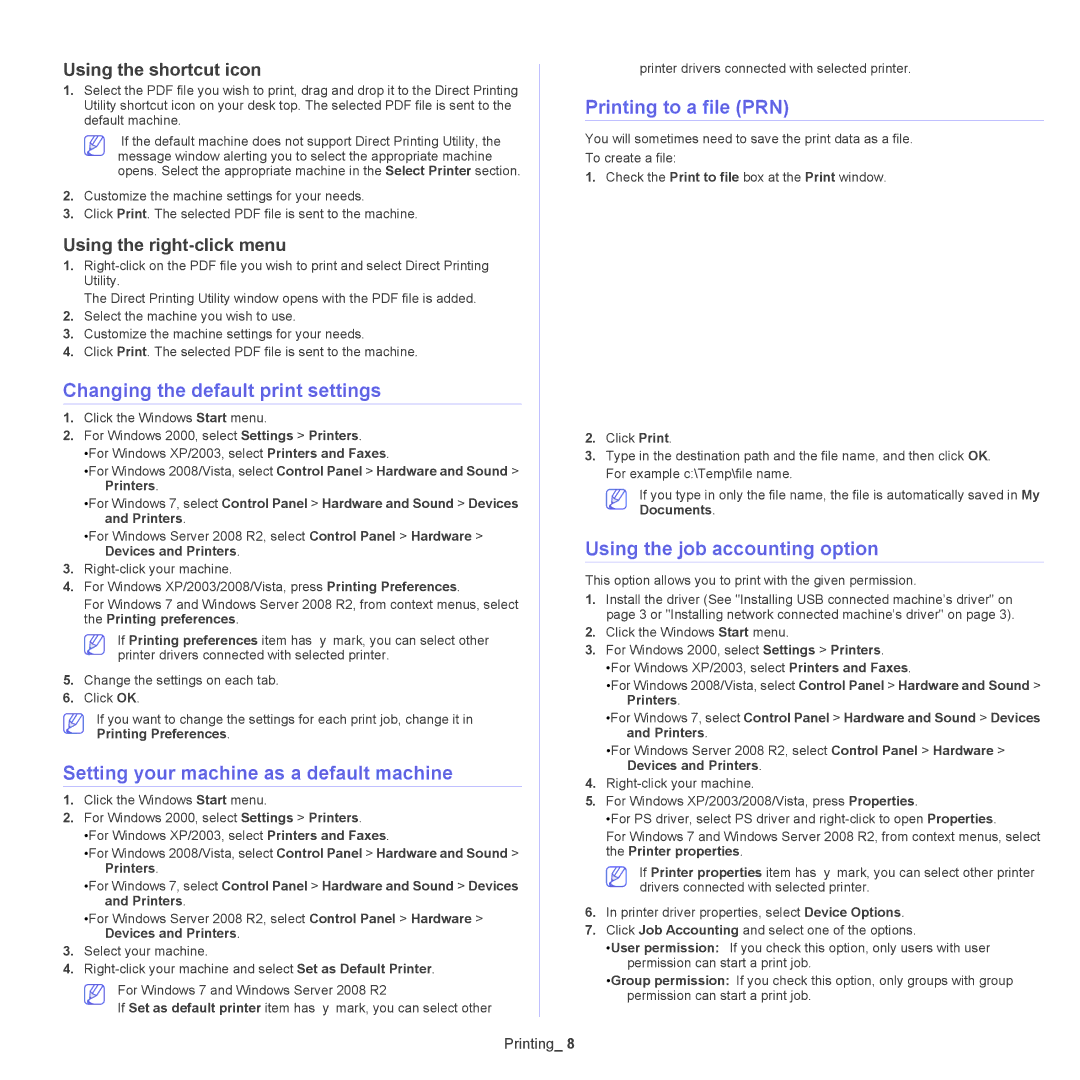 Samsung CLX-6250 Changing the default print settings, Setting your machine as a default machine, Printing to a file PRN 