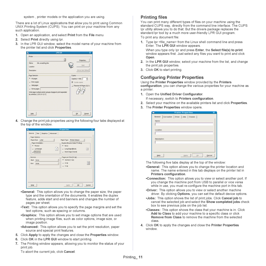 Samsung CLX-6220, CLX-6250 manual Printing files, Configuring Printer Properties, Open the Unified Driver Configurator 