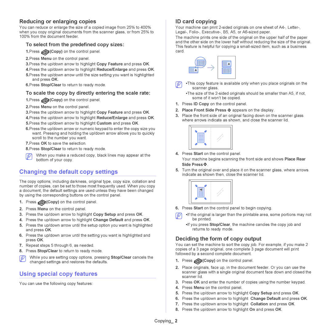 Samsung CLX-6250, CLX-6220 Changing the default copy settings, Using special copy features, Reducing or enlarging copies 