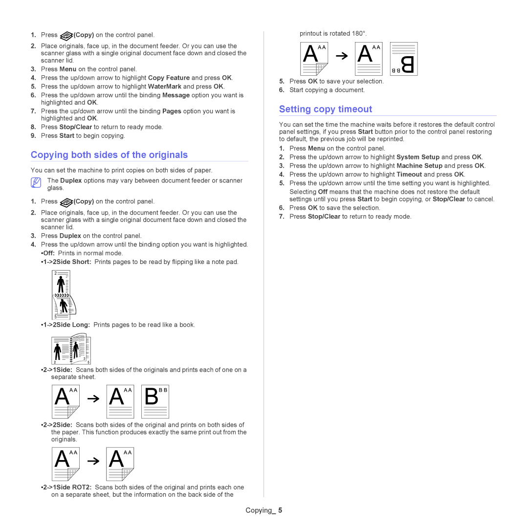 Samsung CLX-6220, CLX-6250 manual Copying both sides of the originals, Setting copy timeout 