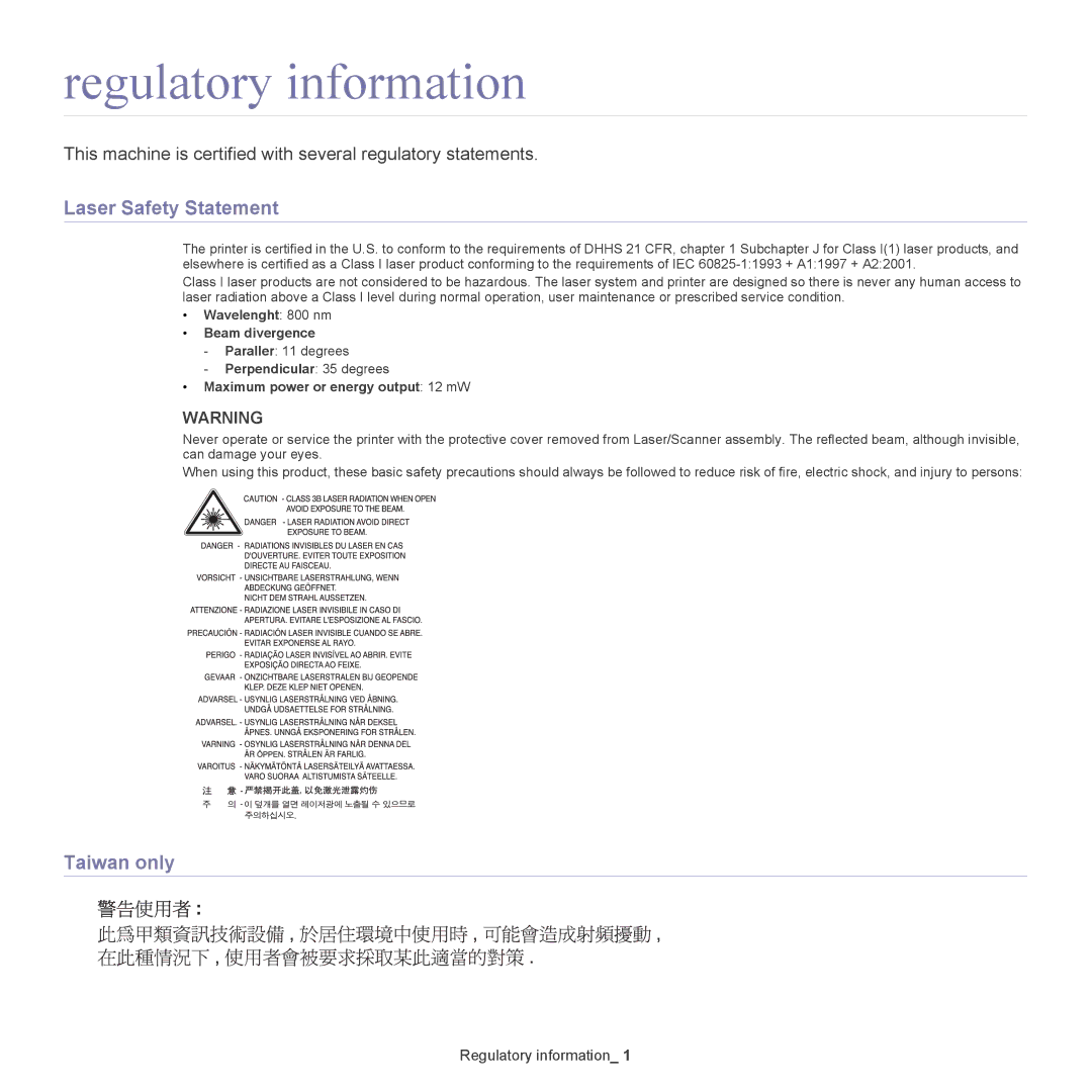 Samsung CLX-6220, CLX-6250 Regulatory information, Laser Safety Statement, Taiwan only, Wavelenght 800 nm Beam divergence 