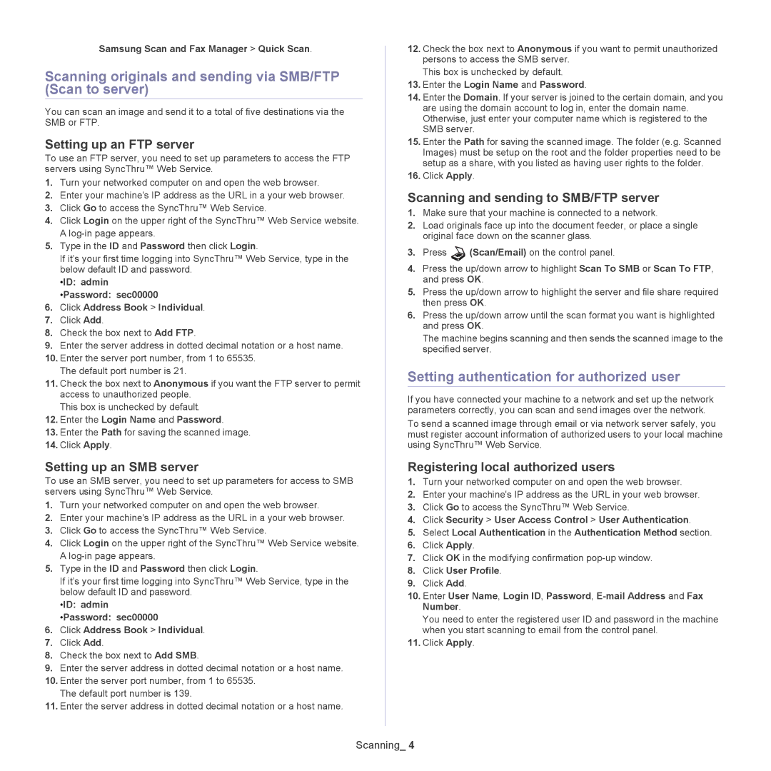 Samsung CLX-6220 Scanning originals and sending via SMB/FTP Scan to server, Setting authentication for authorized user 