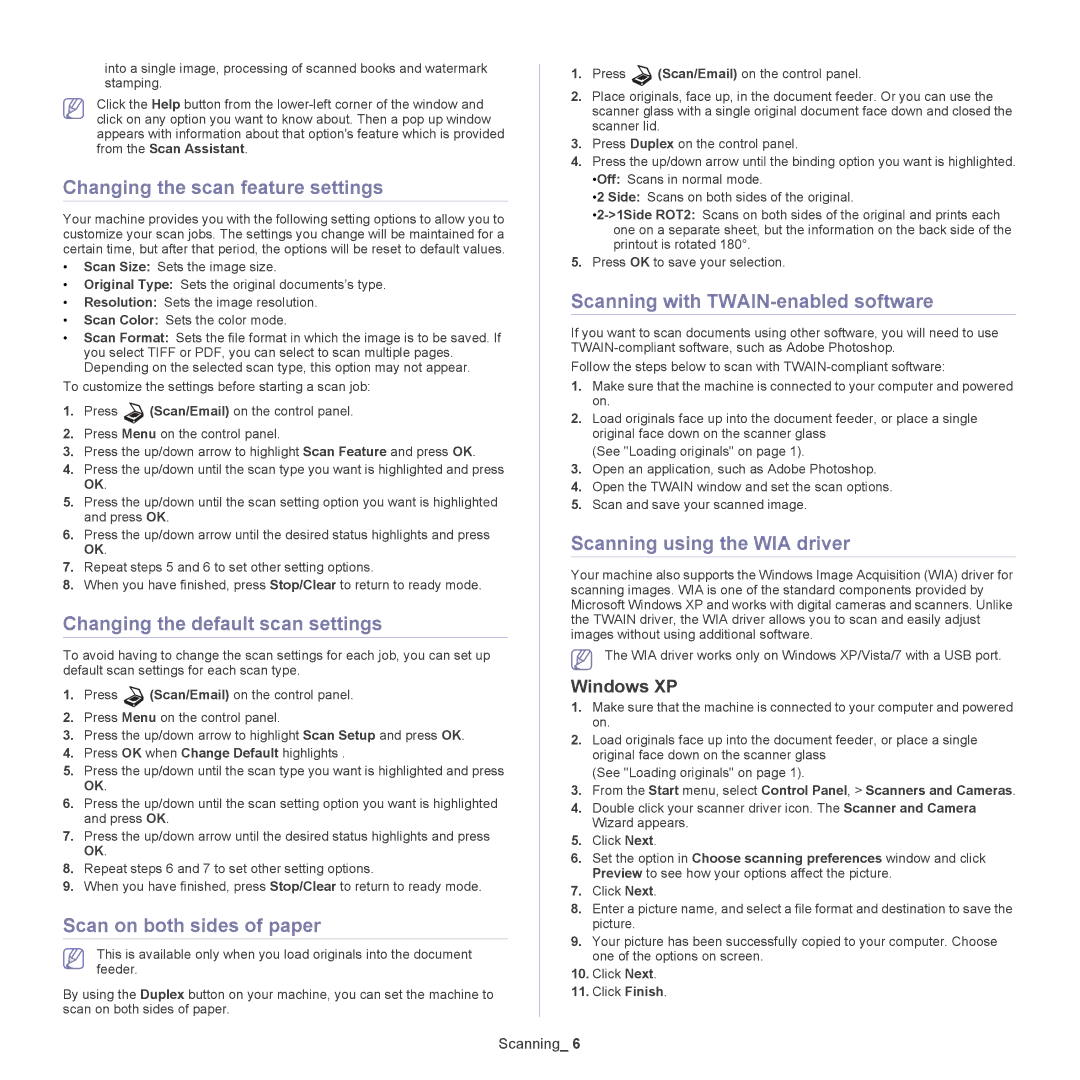 Samsung CLX-6220 manual Changing the scan feature settings, Changing the default scan settings, Scan on both sides of paper 