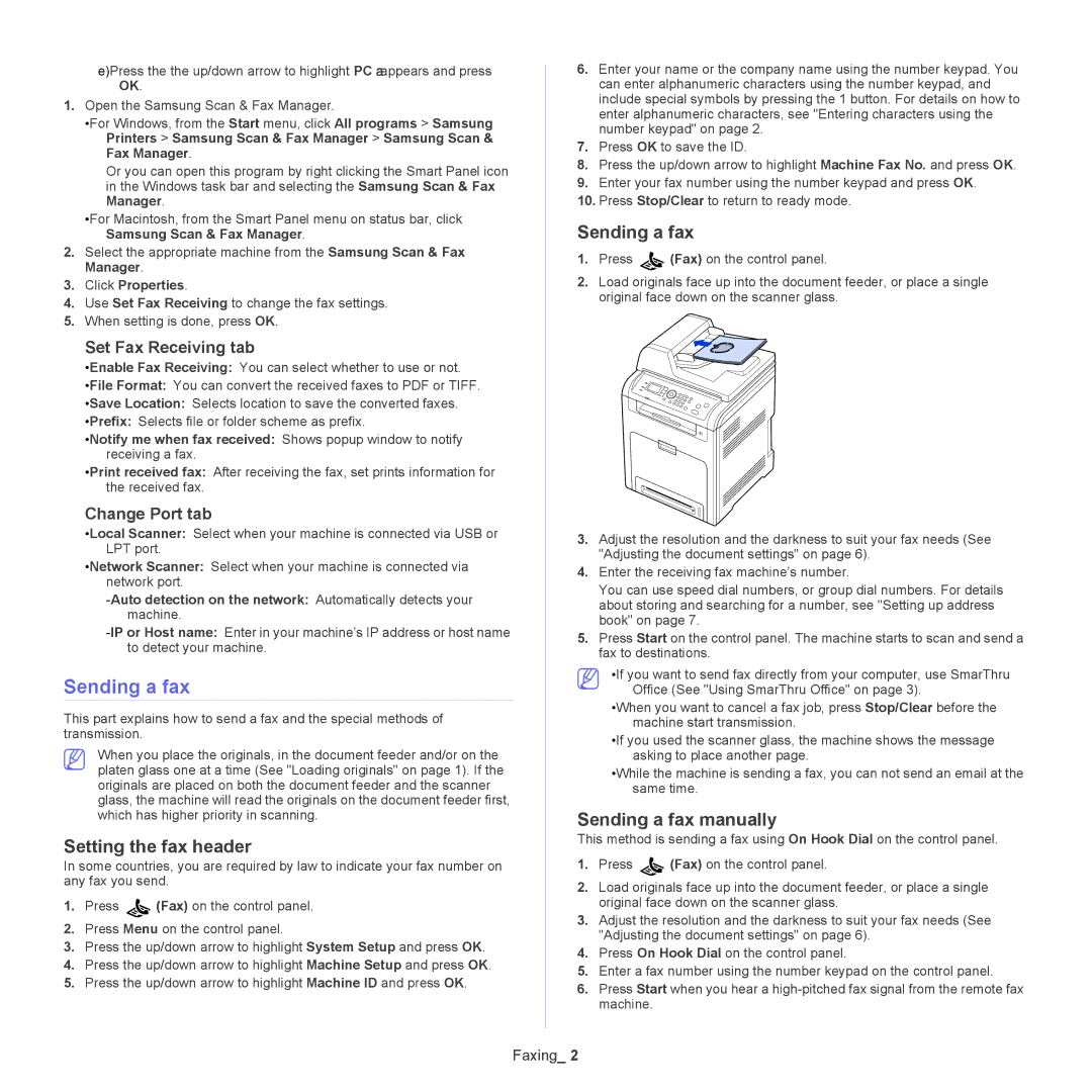 Samsung CLX-6250, CLX-6220 Setting the fax header, Sending a fax manually, Set Fax Receiving tab, Change Port tab 