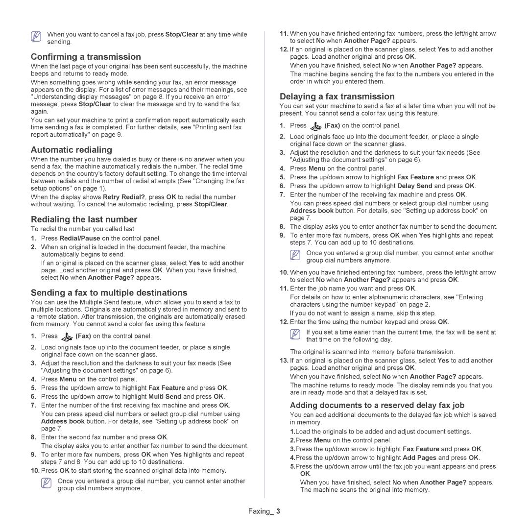 Samsung CLX-6220 Confirming a transmission, Automatic redialing, Redialing the last number, Delaying a fax transmission 