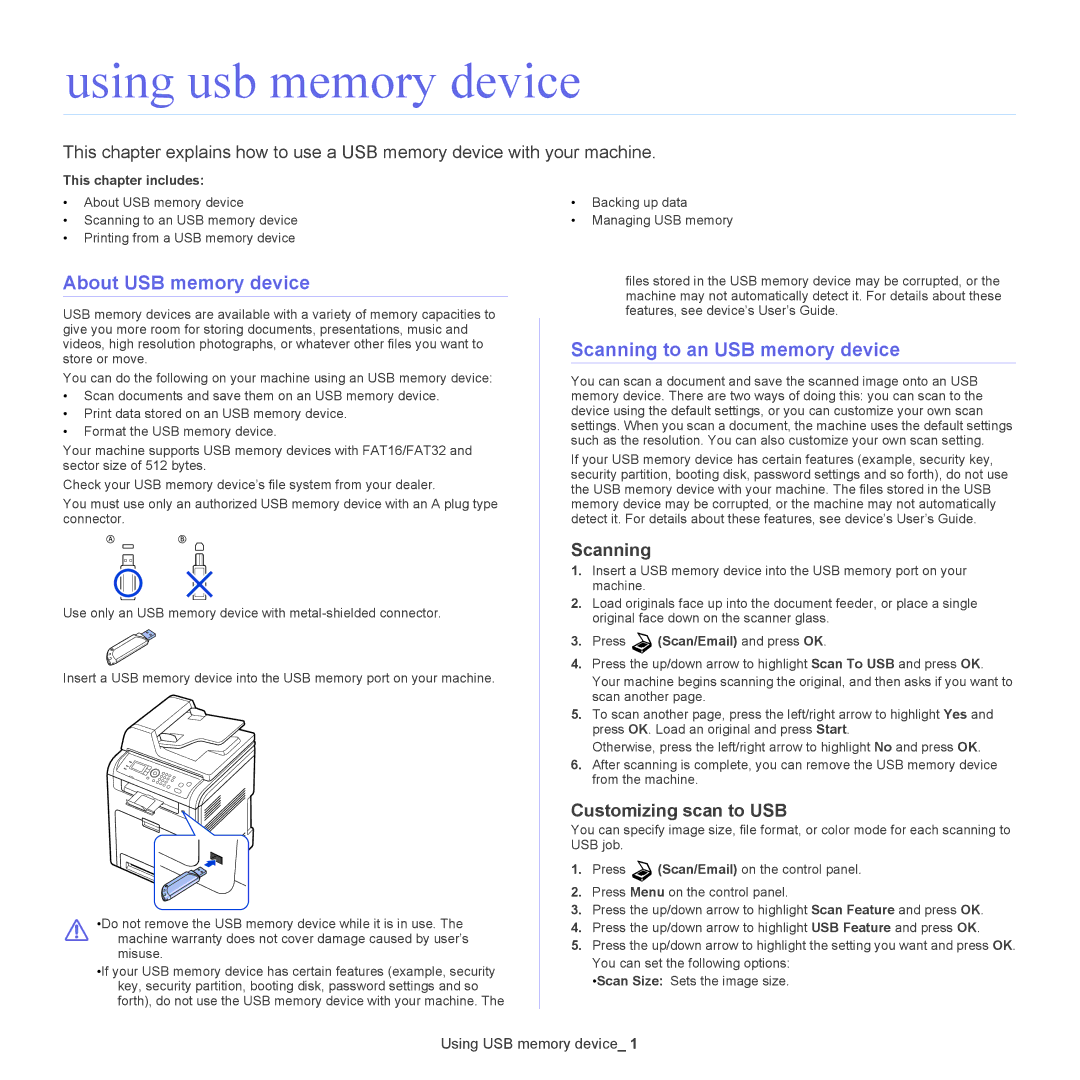 Samsung CLX-6250, CLX-6220 manual Using usb memory device, About USB memory device, Scanning to an USB memory device 