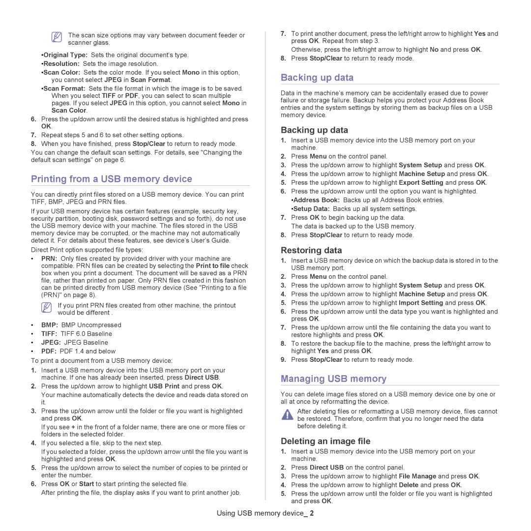 Samsung CLX-6220, CLX-6250 manual Printing from a USB memory device, Backing up data, Managing USB memory 