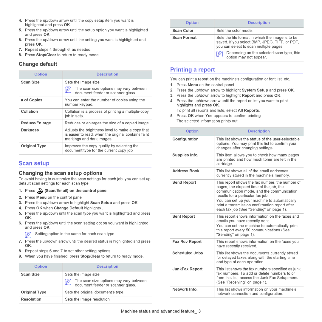 Samsung CLX-6220, CLX-6250 manual Scan setup, Printing a report, Changing the scan setup options 