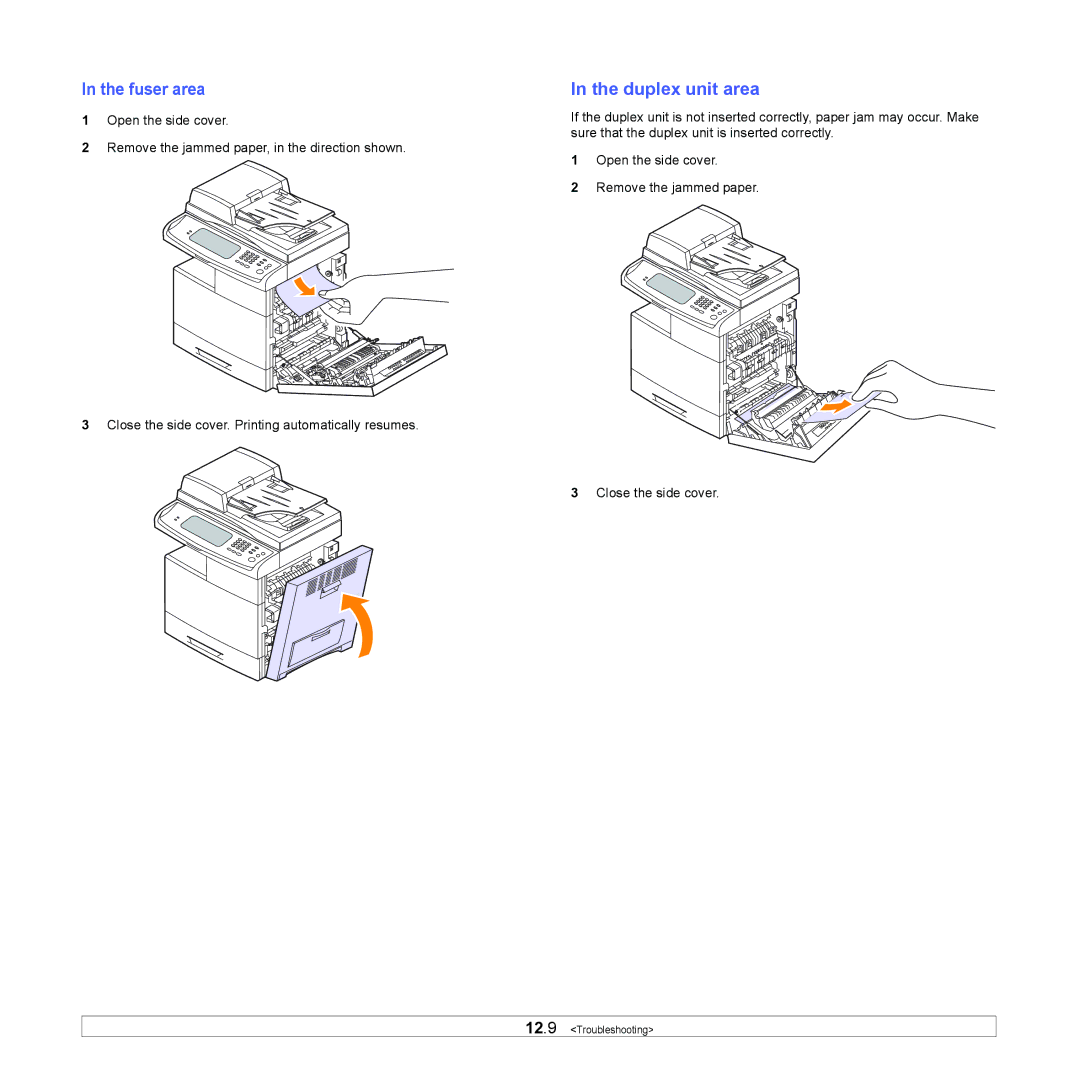 Samsung CLX-8380 manual Fuser area, Duplex unit area 