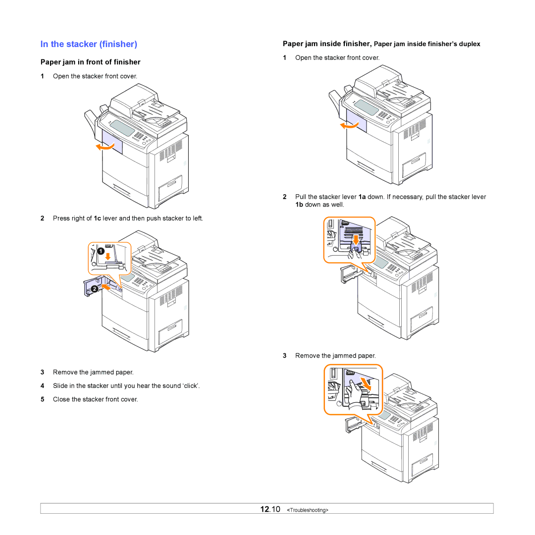 Samsung CLX-8380 manual Stacker finisher, Paper jam in front of finisher 