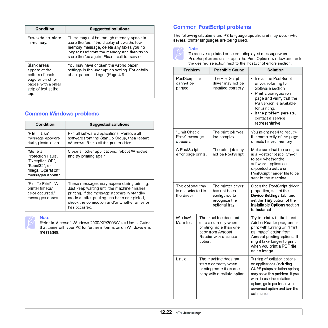 Samsung CLX-8380 manual Common Windows problems, Common PostScript problems 