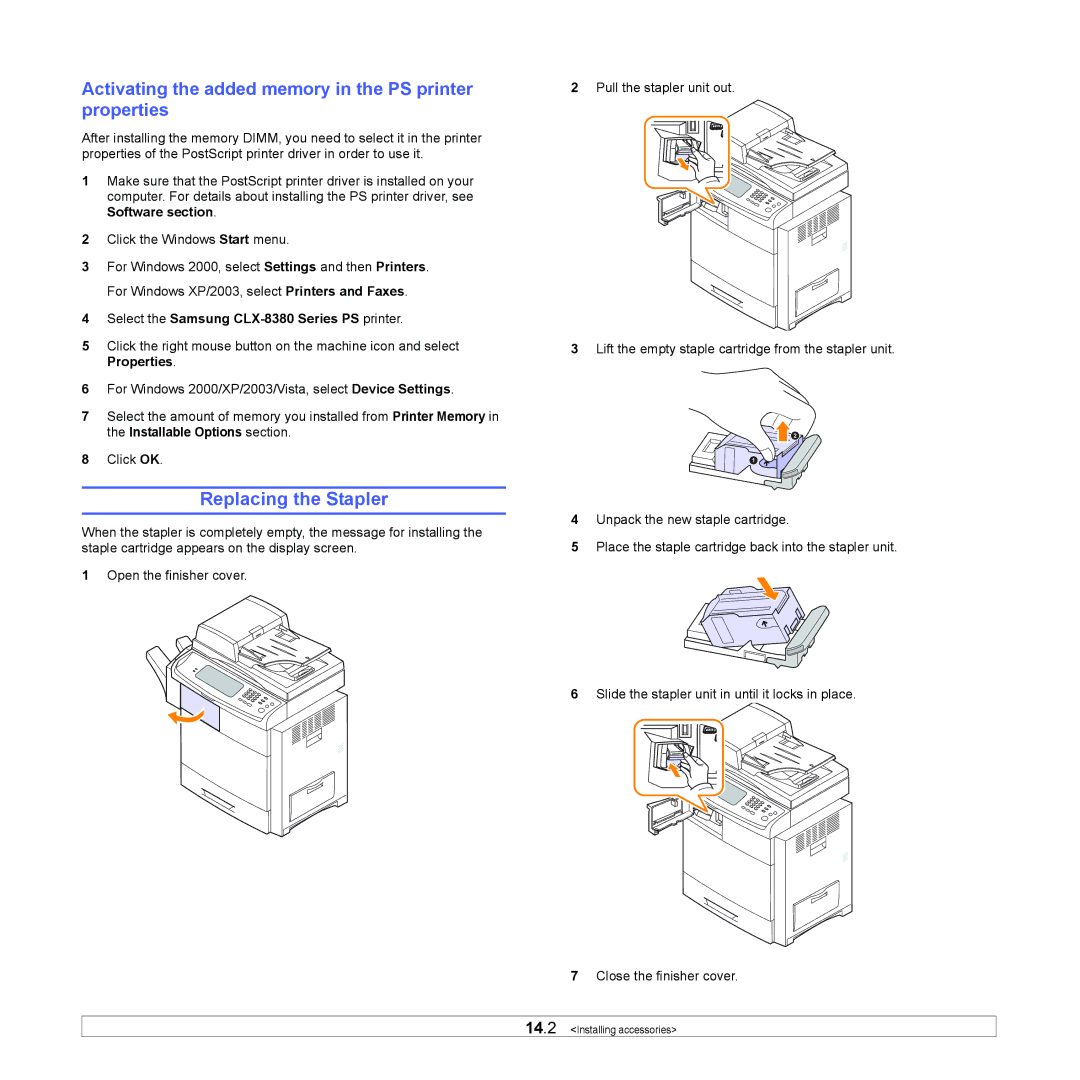 Samsung CLX-8380 manual Replacing the Stapler, Activating the added memory in the PS printer properties 