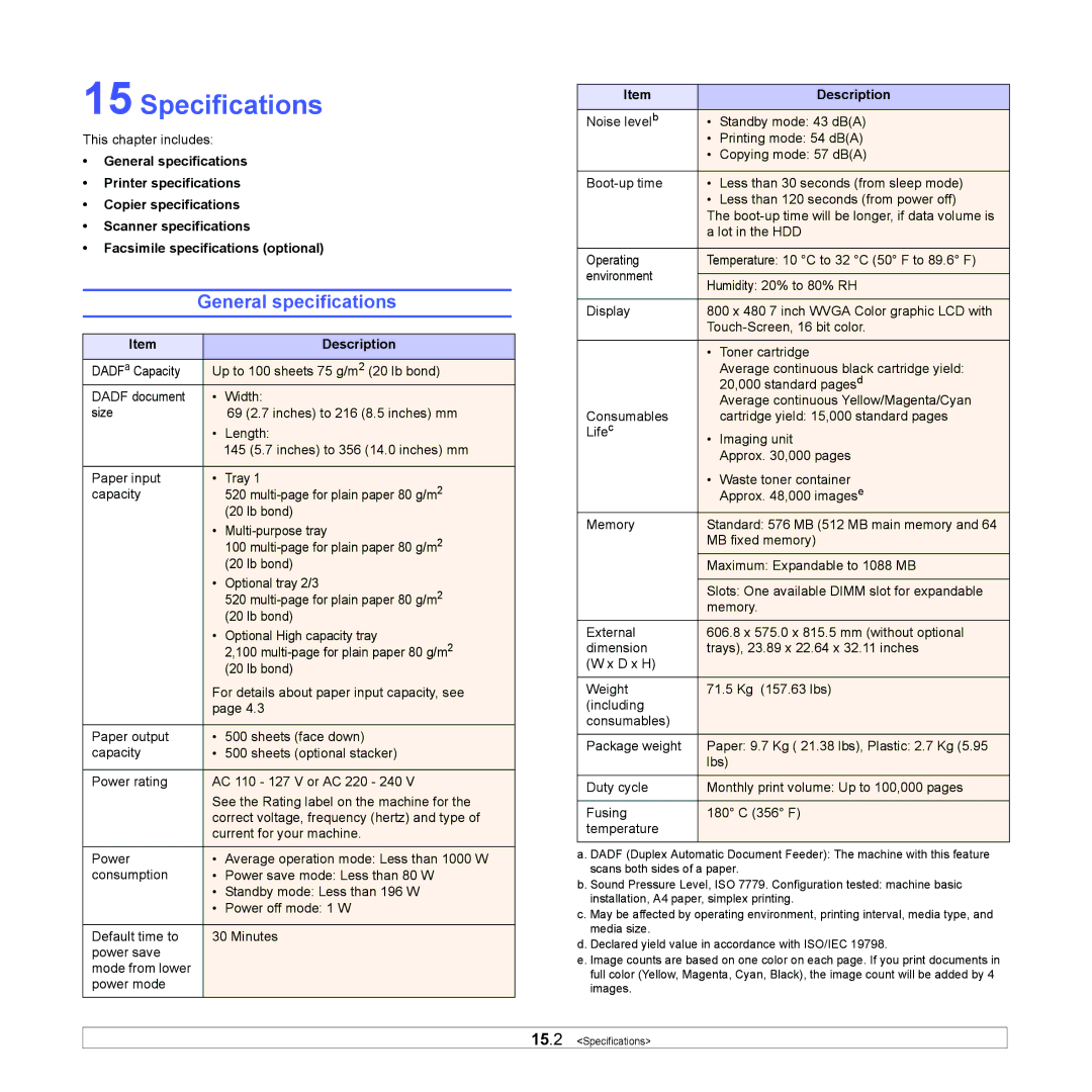 Samsung CLX-8380 manual Specifications, General specifications 