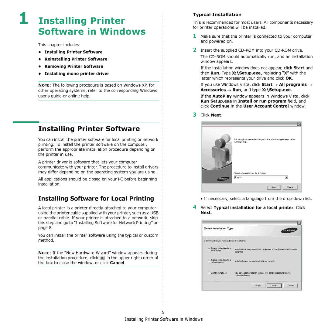 Samsung CLX-8380 manual Installing Printer Software, Installing Software for Local Printing 