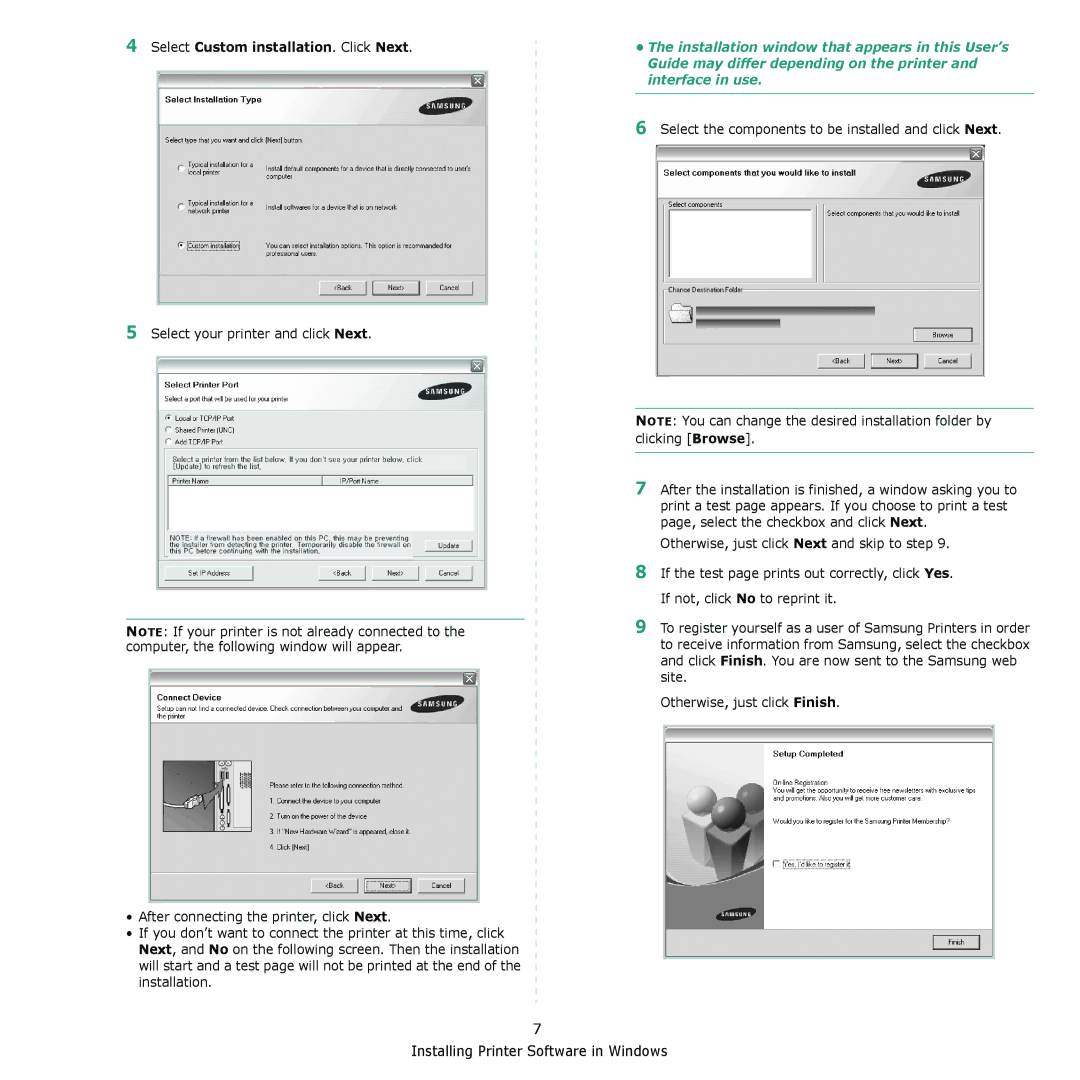 Samsung CLX-8380 manual Select Custom installation. Click Next, Select the components to be installed and click Next 