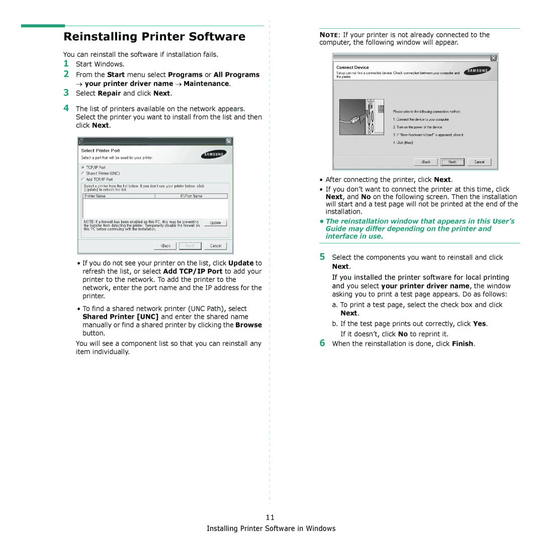 Samsung CLX-8380 manual Reinstalling Printer Software, Select the components you want to reinstall and click Next 