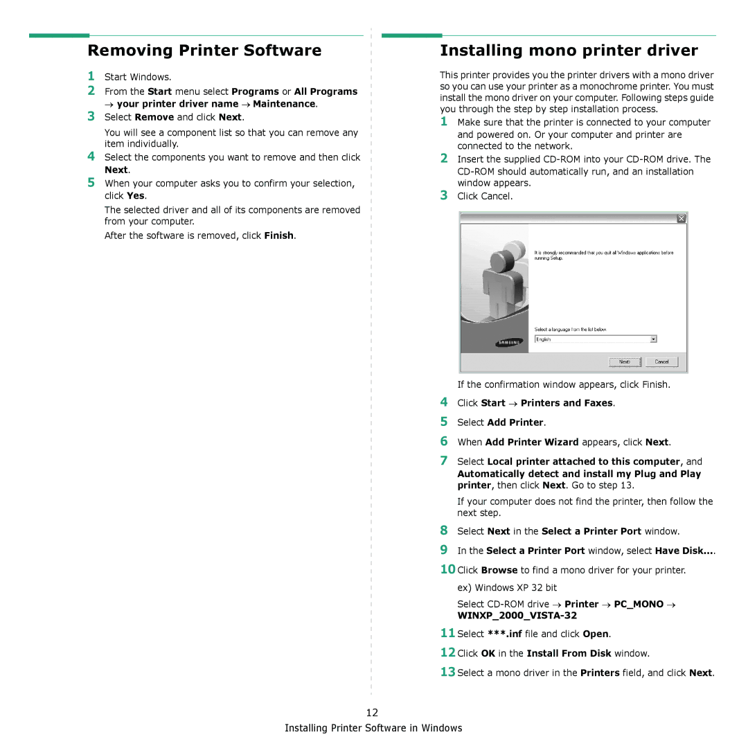 Samsung CLX-8380 manual Removing Printer Software, Installing mono printer driver, Click OK in the Install From Disk window 