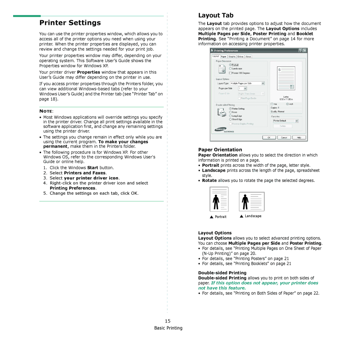 Samsung CLX-8380 Printer Settings, Layout Tab, Select Printers and Faxes Select your printer driver icon, Layout Options 