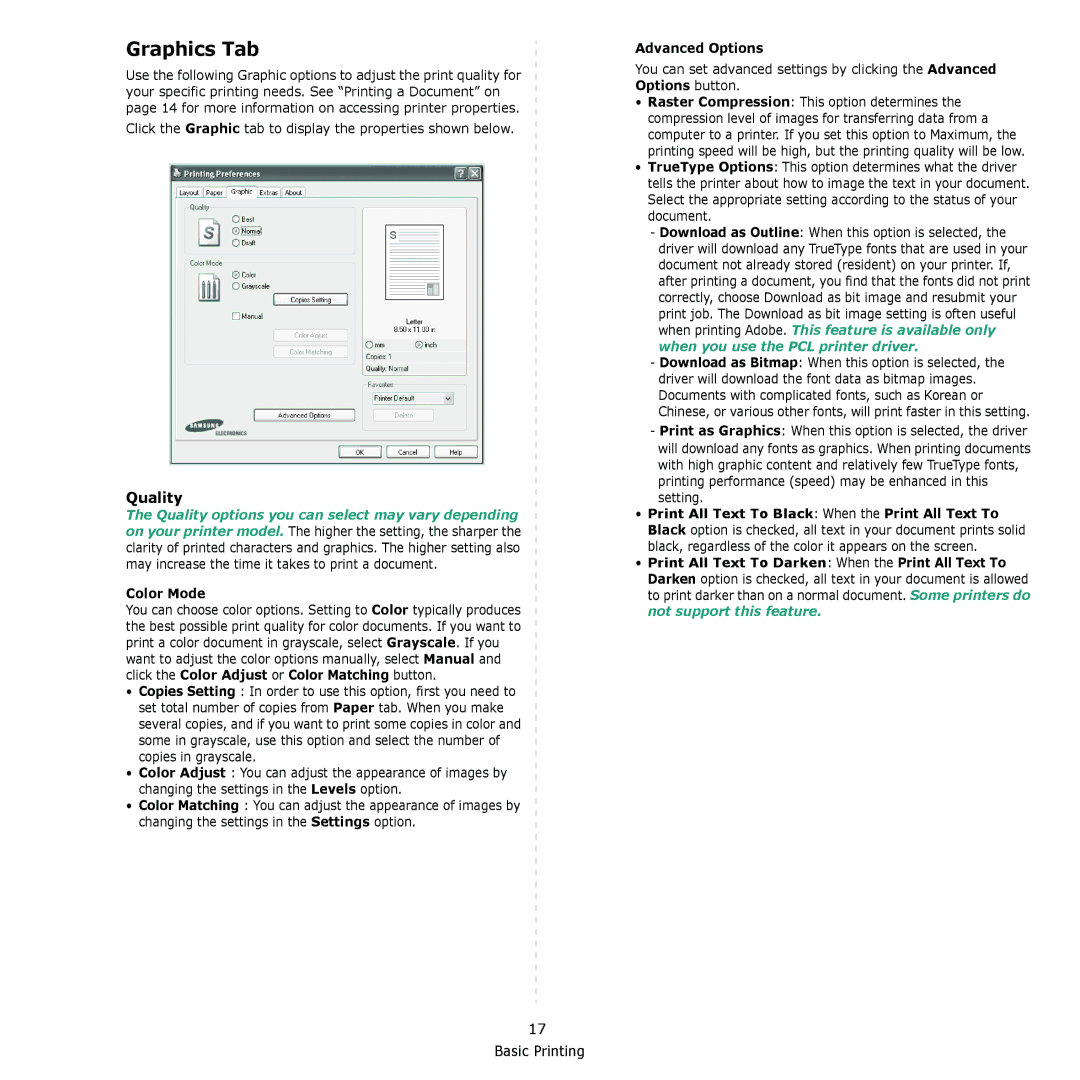 Samsung CLX-8380 manual Graphics Tab, Color Mode, Advanced Options 