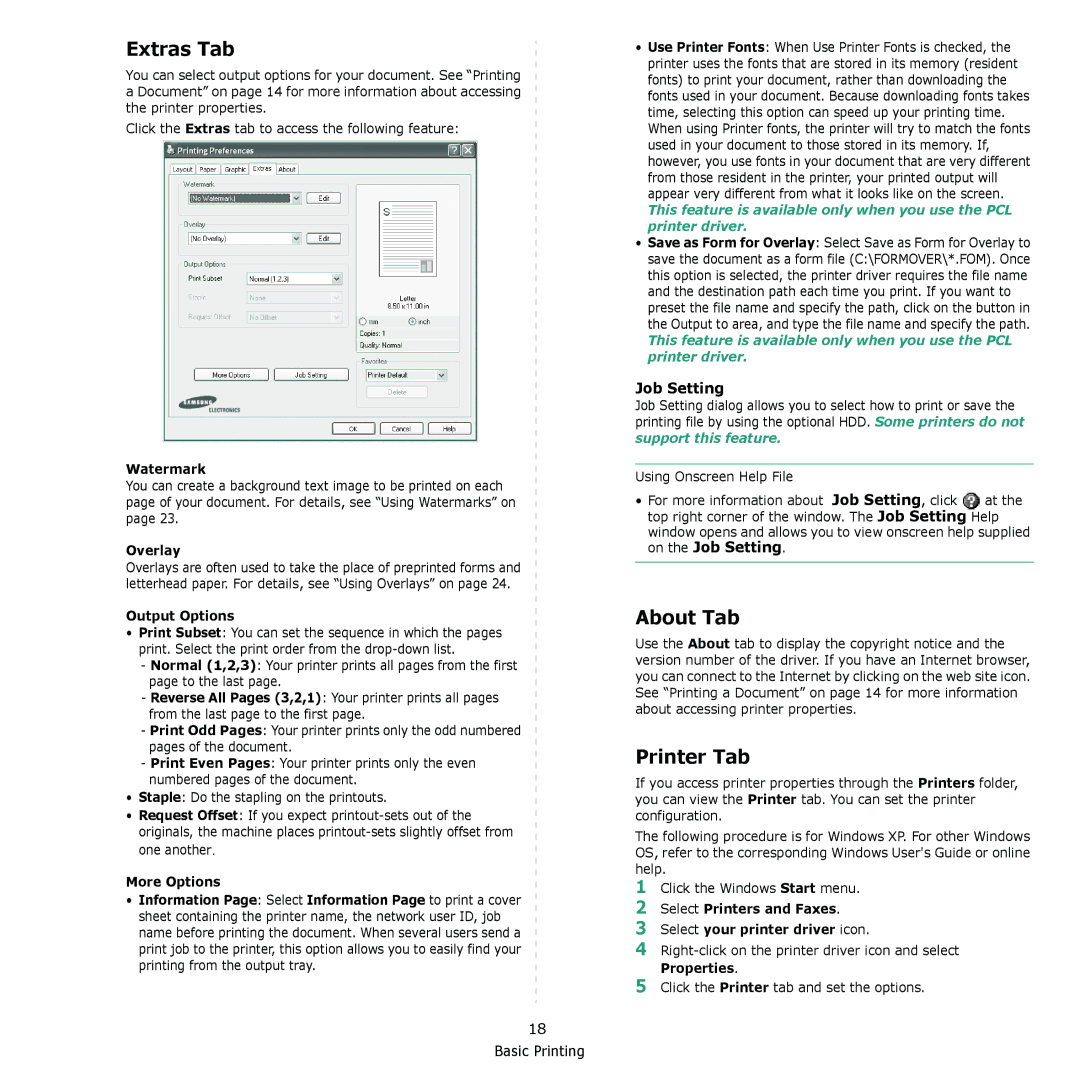 Samsung CLX-8380 manual Extras Tab, About Tab, Printer Tab 